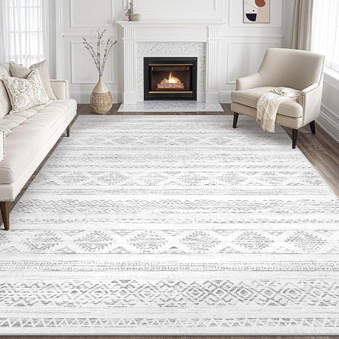 Tortania Area Rug Living Room Rugs - 10x14 Washable Large Soft Neutral Boho Moroccan Bohemian Farmhouse Rug Indoor Floor Carpet for Bedroom Under Dining Table Home Office Decor - Ivory Gray