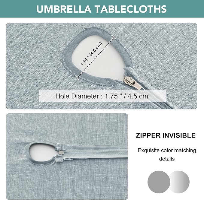 LUSHVIDA Outdoor Tablecloth with Umbrella Hole - Patio Table Cloth Zippered Rectangle 52x70 Inch, Light Gray Linen-Look Polyester Table Cover Water Resistant for Picnic Outside