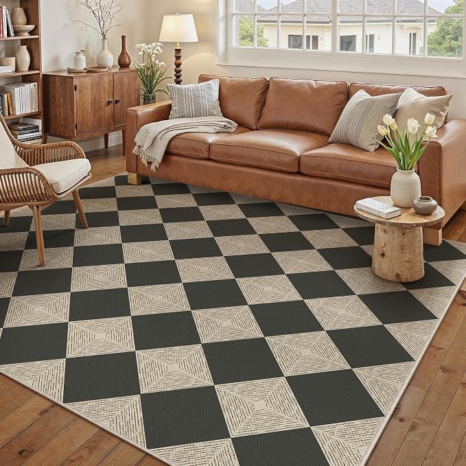 PureCozy 5x8 Checkered Chevron Pattern Area Rug for Living Room Checkerboard Washable Indoor Outdoor Carpet Farmhouse Patio Office Mat Textured Diamond Non Slip Black Carpet for Backyard Dining Room