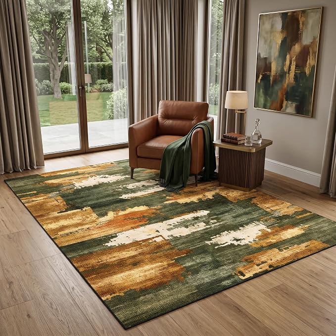 5x7 Green & Brown Abstract Brushstroke Area Rug for Living Room | Soft Low-Pile Machine-Washable Rug with Non-Slip Backing for Bedrooms, Dining Rooms and Home Offices, Designed for Daily Care