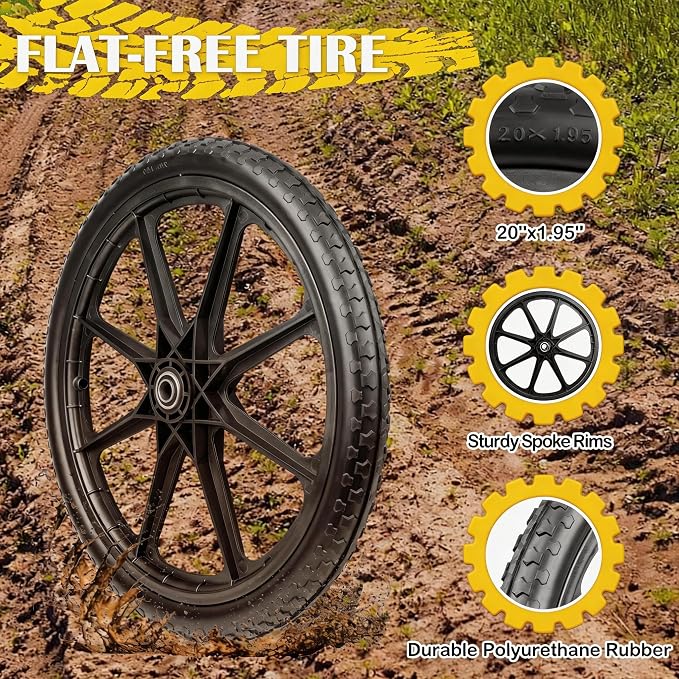 20'' Flat-Free Tire and Wheel, 250LB Capacity Each, Compatible with R ubbermaid Wheelbarrow, Includes 3/4'' & 5/8'' Bearings, 2.5'' Hub, for Garden Cart, Big Wheel Utility Carts, 2 Pack