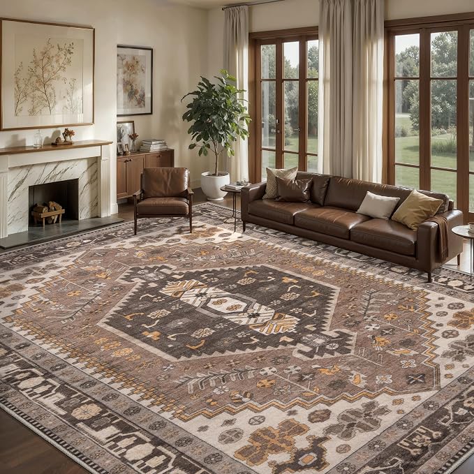 Ciicool Large 9x12 Area Rugs for Living Room,Washable Boho Throw Carpet | Oriental Low-Pile Hazel Vintage Non-Slip Indoor Mat for Kitchen Bedroom Bedside Laundry Bathroom Dining Room Foyer Decor