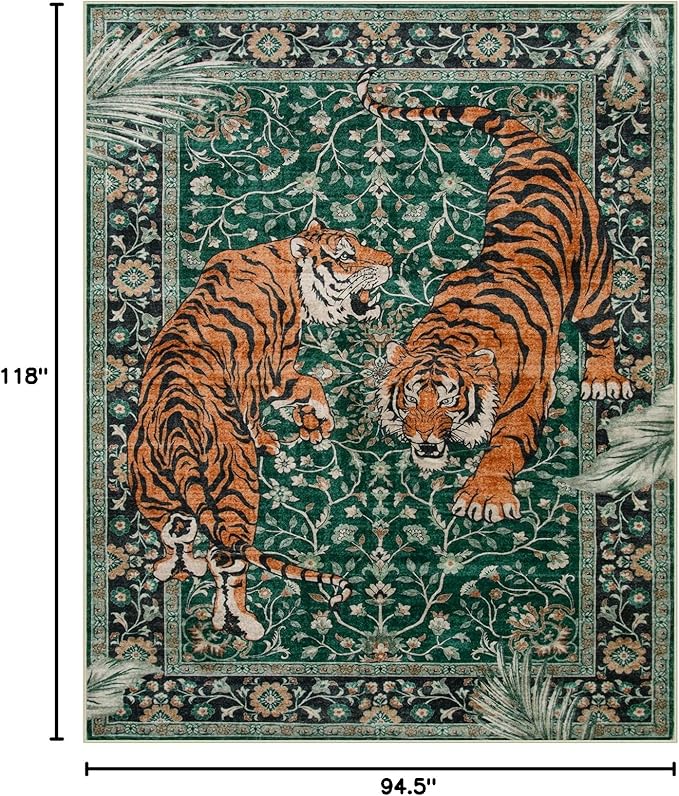Moynesa Tiger Washable Rugs, 8x10 Area Rugs for Living Room, Soft Large Vintage 8x10 Bedroom Green Rug, Botanical Non Slip Ultra Thin Floor Carpet for Dining Room Home Office