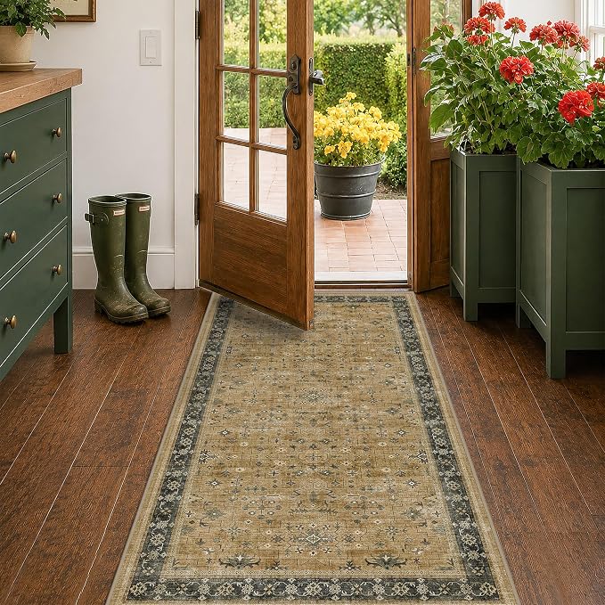 Washable 3x6 Large Mudroom Area Rug, Bohemian Kitchen Floor Rug, Non-Slip & Stain Resistant, Vintage Rustic Brown and Charcoal Olive Farmhouse Floral Décor