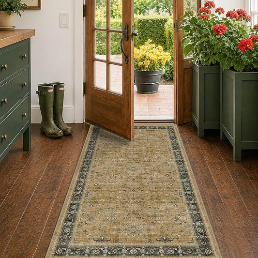 Washable 3x6 Large Mudroom Area Rug, Bohemian Kitchen Floor Rug, Non-Slip & Stain Resistant, Vintage Rustic Brown and Charcoal Olive Farmhouse Floral Décor