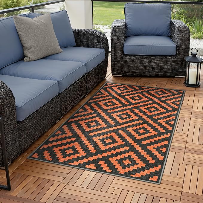 GENIMO Outdoor Rug for Patio Clearance, 3'x5' Indoor Area Rug, Waterproof Reversible Fall Doormat, Outside Camping Carpet for Porch, Living Room, Balcony, Deck, Bedroom, Picnic, Black Orange