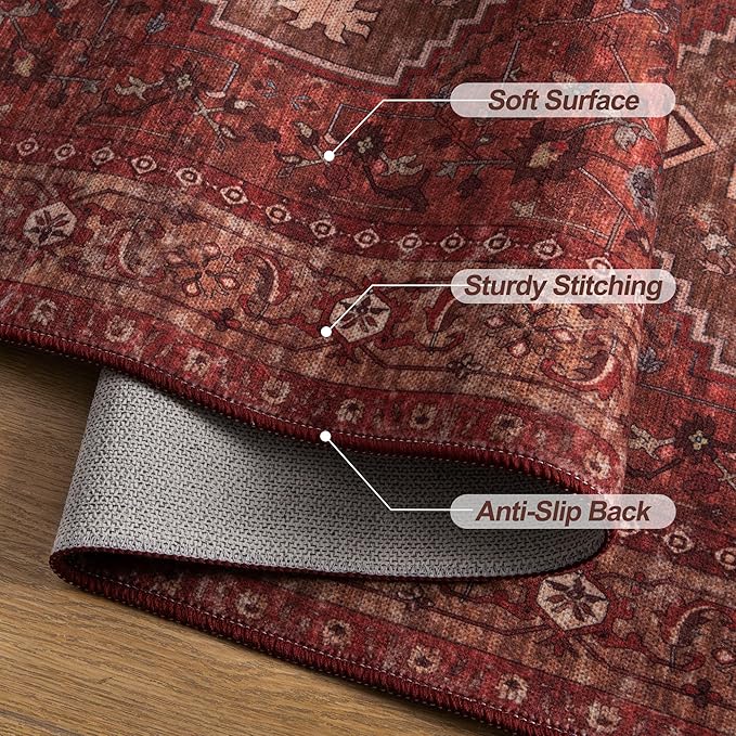 Tangsoo Red Boho 2.6X16 Washable Runner Rug for Hallways, Non Slip Long Rug | Oriental Soft Low Pile Long Rug Runners, Vintage Print 16ft Carpet Runners for Kitchen Bedroom Entryway Living Room Dark Red