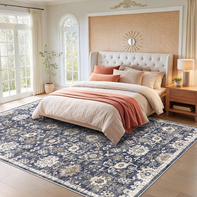 AMADA HOMEFURNISHING 9x12 Washable Area Rug, Low-Profile Large Area Rug with Non-Slip Backing & Durable Edge Binding, Vintage Large Rugs for Living Room, Bedroom & Dining Room