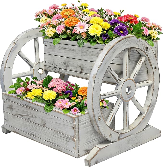 2 Tier Classic Wooden Wagon Planter Box|Outdoor Planter/Flower Pot for Indoor&Outdoor Plants-Rustic Garden Planter for Patio,Porch&Garden Decor- Raised Garden Bed for Succulents,Herbs,Vegetables