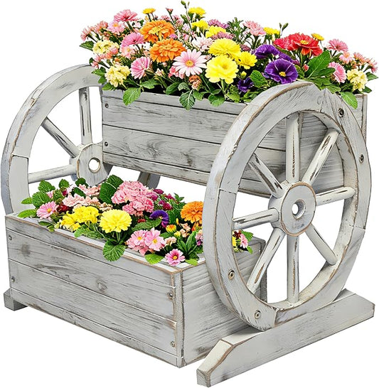 2 Tier Classic Wooden Wagon Planter Box|Outdoor Planter/Flower Pot for Indoor&Outdoor Plants-Rustic Garden Planter for Patio,Porch&Garden Decor- Raised Garden Bed for Succulents,Herbs,Vegetables