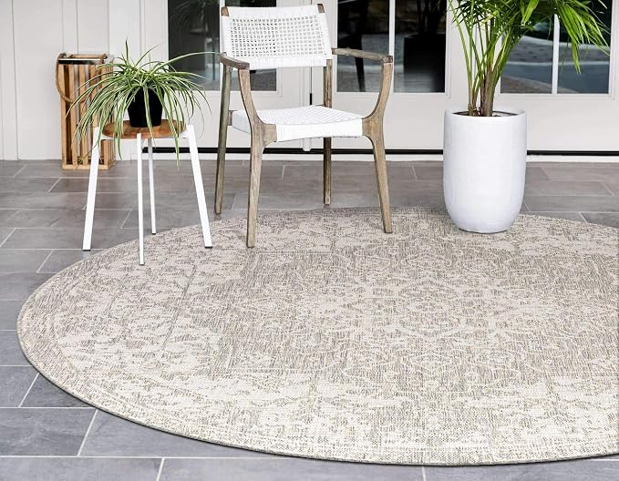 Unique Loom Outdoor Collection Area Rug - Dubai (6' 7" Round, Gray/ Ivory)