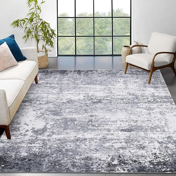 ROYHOME 6x9 Modern Abstract Area Rug Non Slip Non Shedding Low Pile Stain Resistant Rug Soft Carpet for Bedroom Living Room, Light Grey