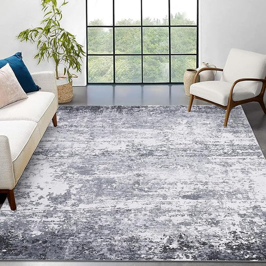 ROYHOME 9x12 Modern Abstract Accent Rug, Light Grey | Non Slip Stain Resistant Washable Low Pile Accent Washable Rug for Living Room Bedroom Indoor Floor Cover Office Home Decor