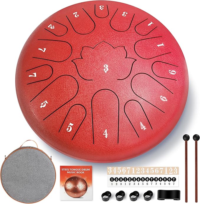 Red Steel Drum - 15 Note 12 Inch Steel Tongue Drum - Handpan Drum Music Book, Rain Drums Mallet, and Carry Bag
