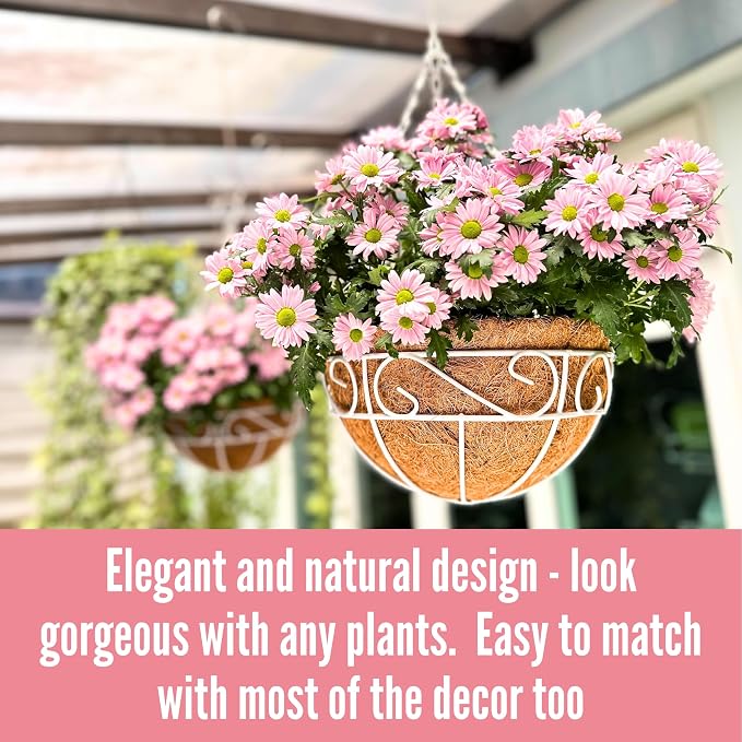 LaLaGreen Hanging Planter for Outdoor Plants (4 Pack, 14 Inch) White Hanging Baskets with Coco Liner, Metal Wire Flower Basket Pots with Hook Hanger Balcony Porch Farmhouse Country Style Garden Decor
