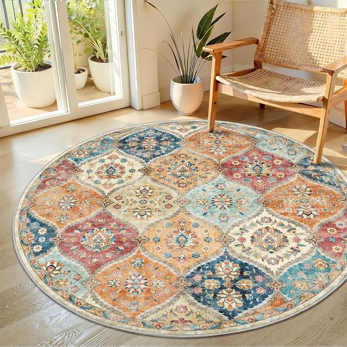 ROYHOME Round Rug 6ft Moroccan Trellis Washable Area Rug, Cream | Stain Resistant Non-Slip Circle Rug Vintage Distressed Round Throw Carpet for Living Room Bedroom Kids Room Playroom
