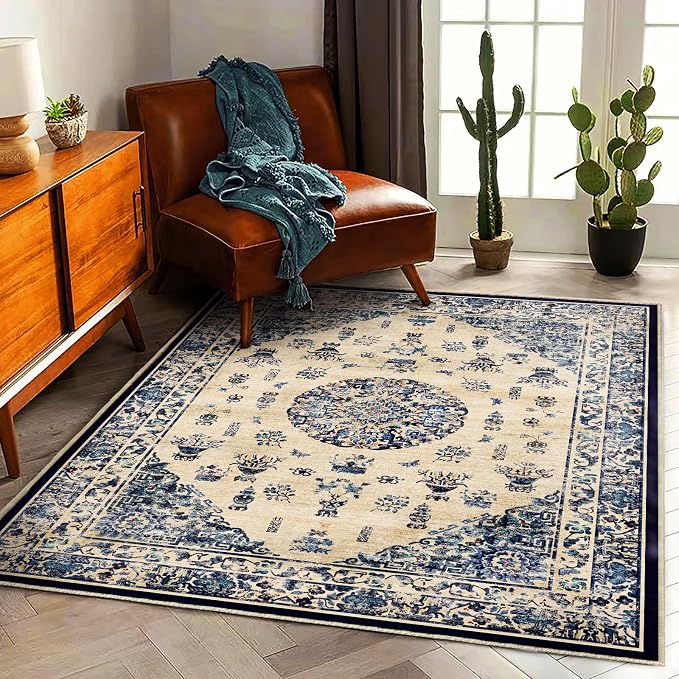CHAMPLANT Washable Area Rug 4'x6' Traditional Floor Cover Foldable Thin Rugs Retro Kitchen Indoor Distressed Non Slip Carpet Floral Print Mat Bedroom Living Room