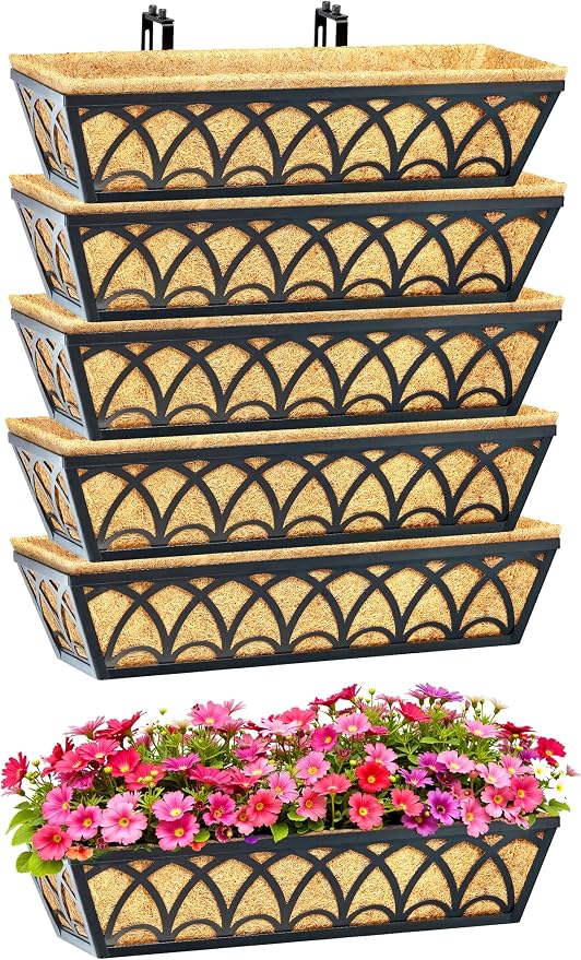 24 Inch Railing Planter Box Window Boxes Planters - 6 Pack Deck Railing Planter Boxes with Adjustable Brackets Coco Liners Balcony Planters Railing Hanging for Window Flower Boxes Outdoor Garden Decor