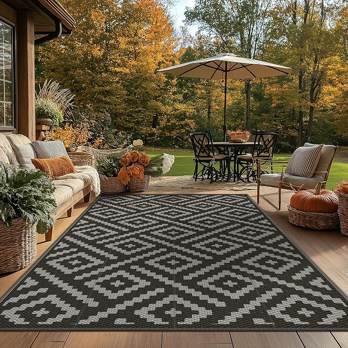 GENIMO Outdoor Rugs 8'x10' Waterproof, Reversible Mats, Area Plastic Straw Rug, Outside Carpet, Geometric Rv Mat for Patio Camping Rv Picnic Backyard Deck Balcony Porch Beach Trailer (Black & Grey)
