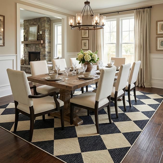 GarveeHome Area Rugs 8x10 for Living Room Black Checkered Washable Rug | Modern Geometric Farmhouse Carpet Soft Low Pile Non Slip Diamond Floor Mat Plaid Print Throw Rug for Dining Room Playroom
