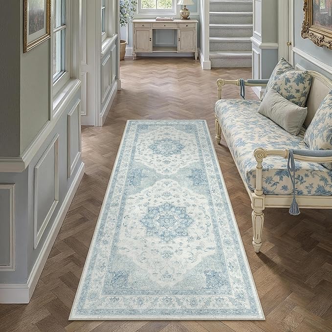 Blue 2x6 Washable Runner Rug Kitchen Vintage Oriental Carpet | Soft Low Pile, Non Slip, Stain Resistant, Floral Medallion, Neutral Retro Decor for Entryway, Bathroom, Hallway, Bedroom
