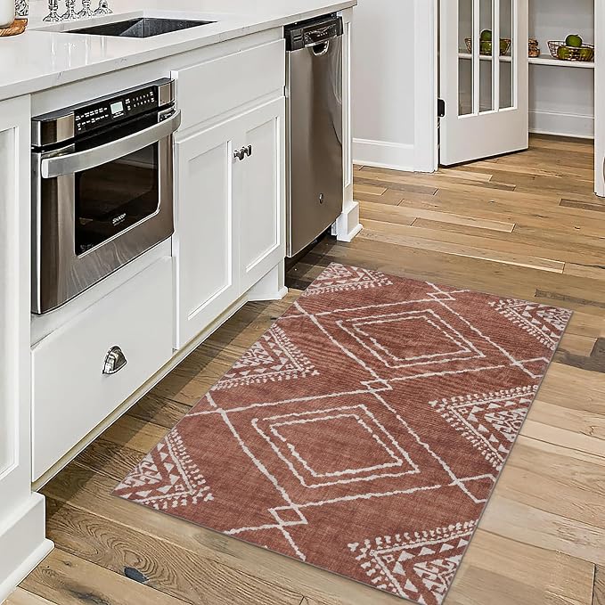 Machine Washable Area Rug - Living Room Bedroom Bathroom Kitchen Entryway Office - Padded Crease Free Stain Resistant Premium - Moroccan Tribal Diamond - Jax- Orange - 2'x 3'
