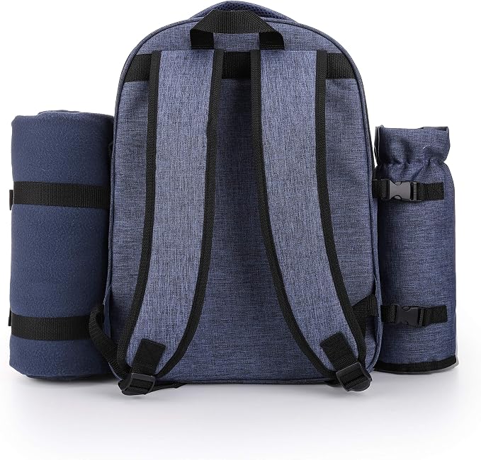 Apollo Walker Picnic Backpack Bag for 2 Person with Cooler Compartment, Detachable Bottle/Wine Holder, Fleece Blanket, Plates and Cutlery Set (2 Person, Navy)