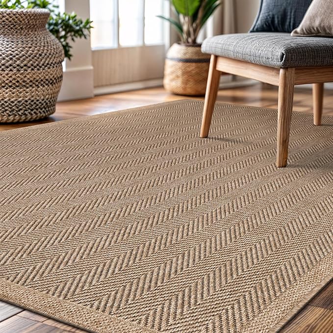 CAMILSON Easy Jute Rug 5x7, Indoor Outdoor Natural Color Fiber Area Rugs for Living Room Patio and Bedroom Rug Herringbone Seagrass Woven Design Easy-Cleaning, Washable Outside Carpet Alfombras 5 x 7