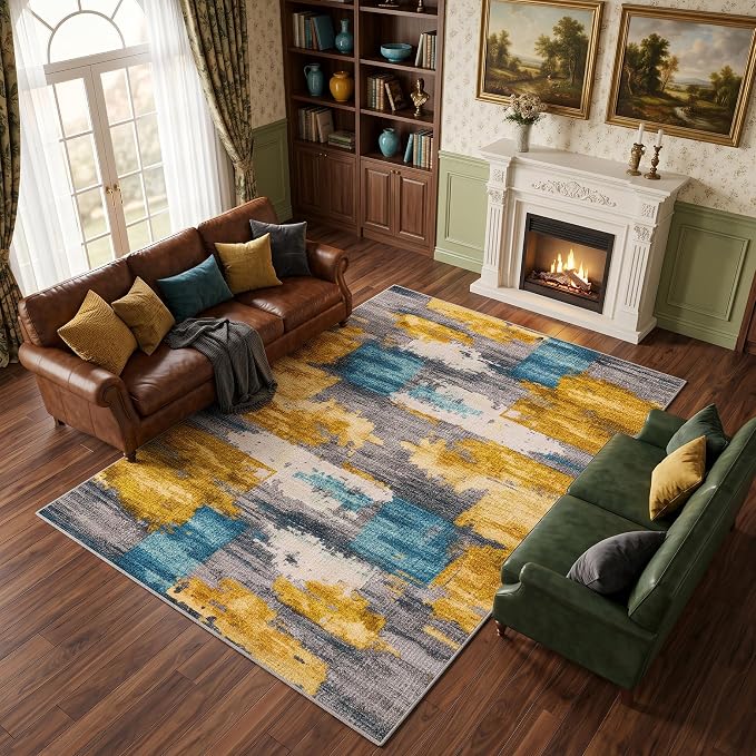 6x9 Blue and Gold Abstract Brushstroke Area Rug for Living Room | Soft Low-Pile Machine-Washable Rug with Non-Slip Backing for Bedrooms, Dining Rooms and Home Offices, Designed for Easy Care