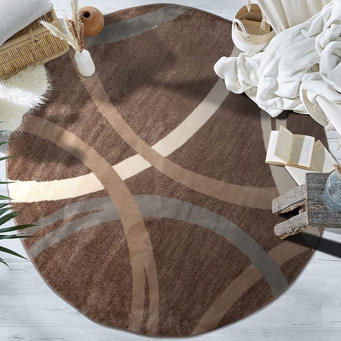 Rugshop Wavy Circles Modern Jute Backing Living Room Round Rug Brown 6'6" | Round, Size 6'6", Bedroom, Dining Room, Home Office, Kitchen, Entryway, Hallway, Nursery, Kids Room, Guest Room