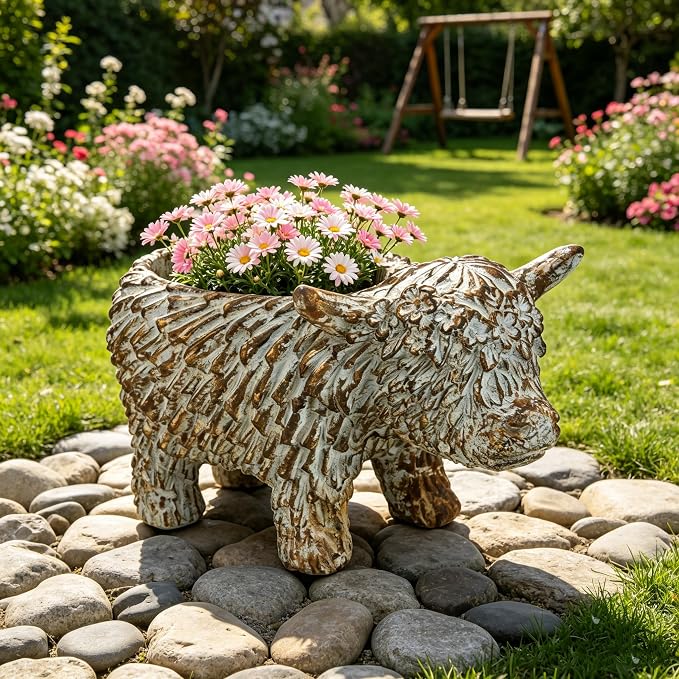 Rustic Highland Cow Planter - Vintage Distressed Blue Resin Planter Pot Indoor&Outdoor Flower Pots for Garden Home Decor, Succulent, Herbs