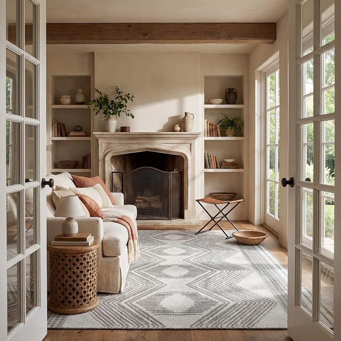 Nuloom Ranya Light Grey/Ivory, 6'7" x 9', Tribal Geometric, Soft and Cozy, High Traffic, Stain Resistant, Easy Clean, Durable Area Rug for Indoor/Outdoor Patio, Deck, Porch, Garden, Courtyard