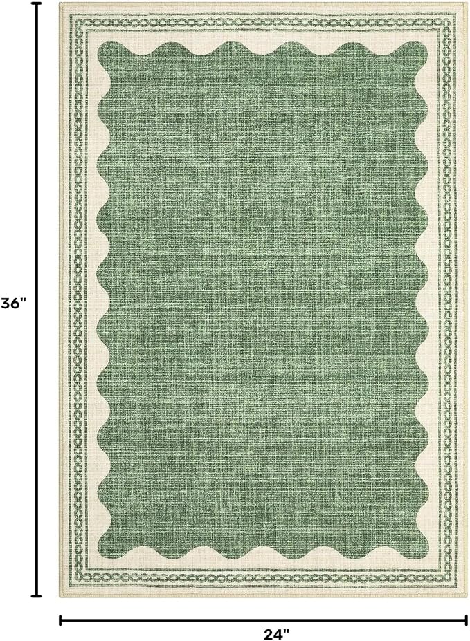 GarveeHome Scalloped Door Mat Indoor Rugs for Entryway Small Rug 2x3 Washable Non-Slip Solid Sage Green Modern Soft Low-Pile Throw Carpet for Bedroom Kitchen Bathroom Entrance