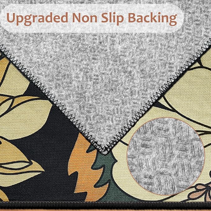 Tyrot Black Boho Floral 3x5 Washable Area Rug Flat Woven Ultra-Thin Low Pile Botanical Rugs Non Slip Indoor Rug for Bedroom, Entryway, Kitchen, Dorm, Kids Room, Nursery