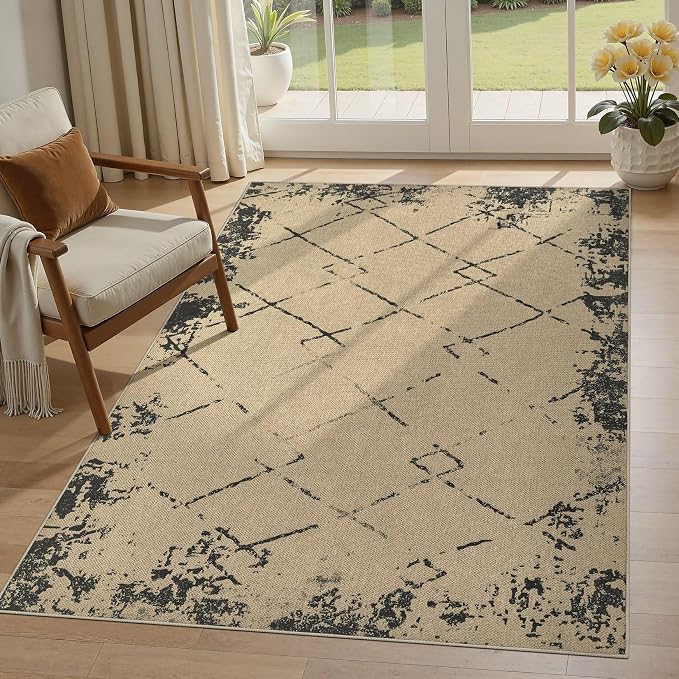 UERMEI 4x6 Outdoor Jute Area Rug Patio Neutral Washable Modern Brown | Easy Non Slip Pet Friendly Indoor Farmhouse Carpet for Living Room Bedroom Dining Backyard