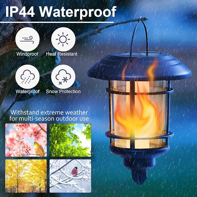 Dynaming Solar Flame Wall Lanterns, Outdoor Solar Wall Hanging Lights, Flickering Flame LED Lights Auto On/Off Wall Mounted Sconce Lights with Hooks, Waterproof for Garage Stair Patio Porch, 2 Pack