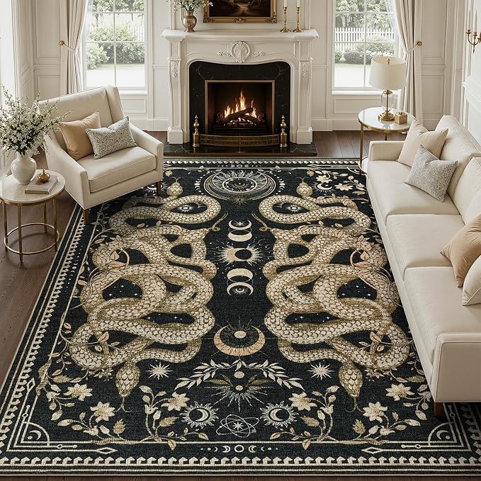 DCX 8x10 Washable Snake Rug for Living Room, Non Slip Low Pile Rug, Black | Rugs for living rooms, bedroom, dining room, office, soft, gothic rug, sain resistant indoor carpet, home decor