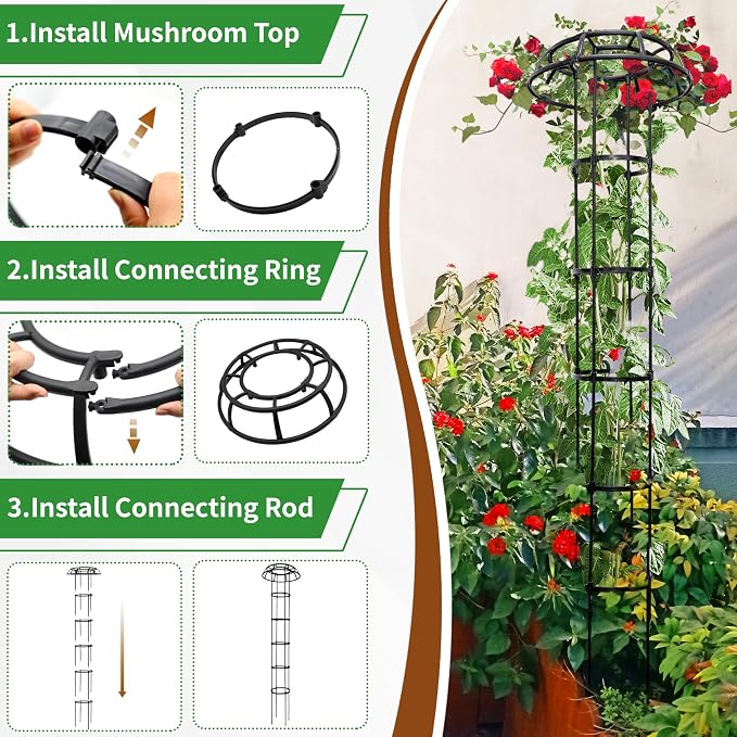 2 Pack Umbrella Top Trellis for Climbing Plants, 76 Inch Tall Adjustable Plant Support for Outdoor Indoor Garden, Sturdy Metal Core with Plastic Coating, Black