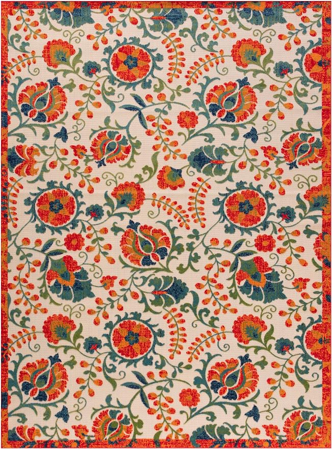 Nourison Home Aloha Red Multicolor 7'10" x 10'6" Area Rug - Easy Clean, Non Shedding, Bed Room, Living Room, Dining Room, Kitchen (8' x 11')