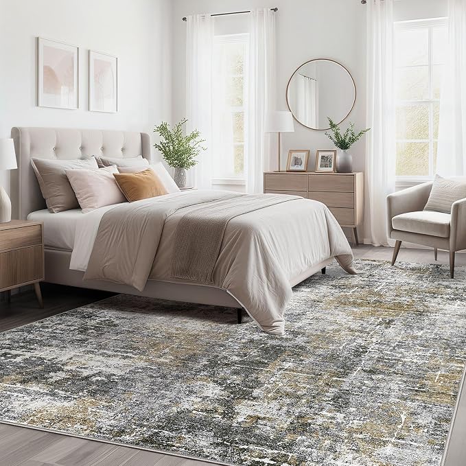 kakania Abstract 8x10 Area Rugs for Living Room: Washable Rugs Black Gold | Soft, Non-Slip, Low-Pile, Pet & Kid Friendly - Large Modern Home Decor Carpet for Bedroom/Dining Room/Office/Nursery