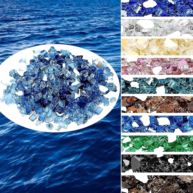 Onlyfire 10 lbs Fire Glass Rocks 1/2 Inch, Reflective Tempered Glass for Propane Fire Pit & Gas Fireplace, High Luster Firepit Glass Stones for Fire Table, Pacific Blue (Multicolor Options Available)