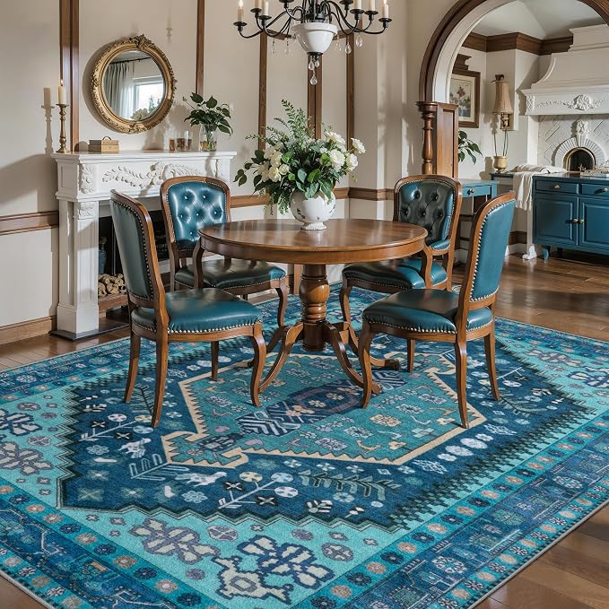 Ciicool 5x7 Area Rugs,Washable Large Boho Carpet for Living Room Bedroom | Oriental Low-Pile Soft Vintage Non-Slip Indoor Throw Teal Carpet for Kitchen Bedside Dining Room Foyer Decor