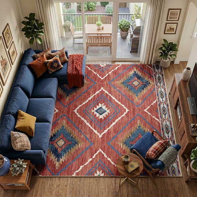 Area Rug 8x10 Machine Washable Non-Slip Low Pile Tribal Western Rug for Living Room Bedroom Entryway - Red/Orange | Soft Western No Slip Low Pile Print Foldable Indoor for Kitchen Dining Room