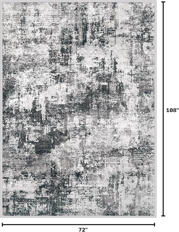 6x9 Area Rugs Washable Rug: Abstract Neutral Rugs Modern Non Slip Area Rug Stain Resistant Low Pile Indoor Carpet for Dining Room Bedroom Nursery Office (Black Grey, 6'x9')