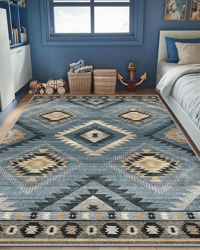 5'x7' Washable Area Rug for Living Room Bedroom Navy/Grey | Soft Western No Slip Low Pile Print Foldable Indoor for Kitchen Dining Room
