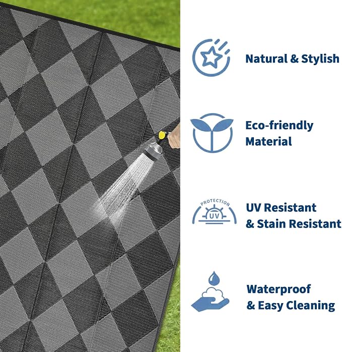 Garvee 9x12 Outdoor Rug for Patio Plastic Straw Rug Waterproof Reversible Mat Lightweight Foldable Carpet Easy Clean Large Rugs for Patio Porch Backyard Camping RV Beach Balcony Deck Checkered Black