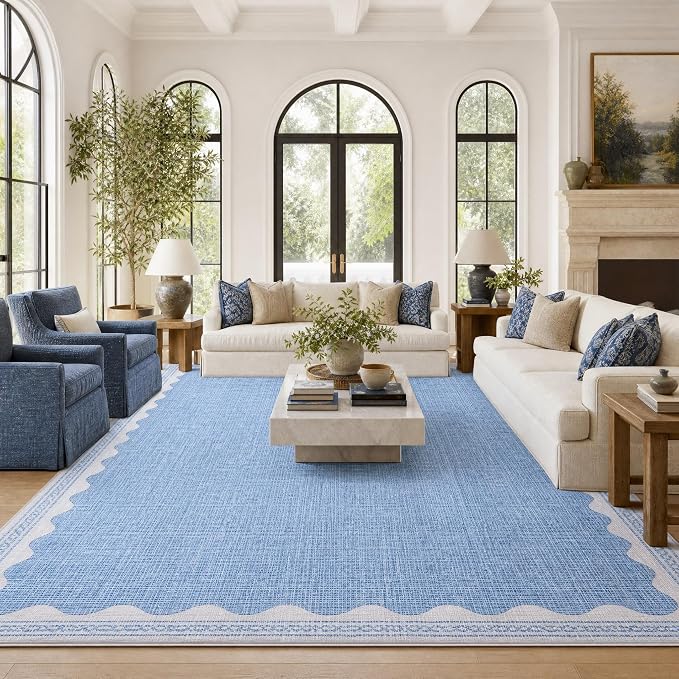 GarveeHome Scalloped 8x10 Rug for Living Room Washable Non-Slip Solid Blue Modern Minimalism Low-Pile Carpet 8 x 10 Rug for Bedroom Dining Nursery Mat with Rubber Back