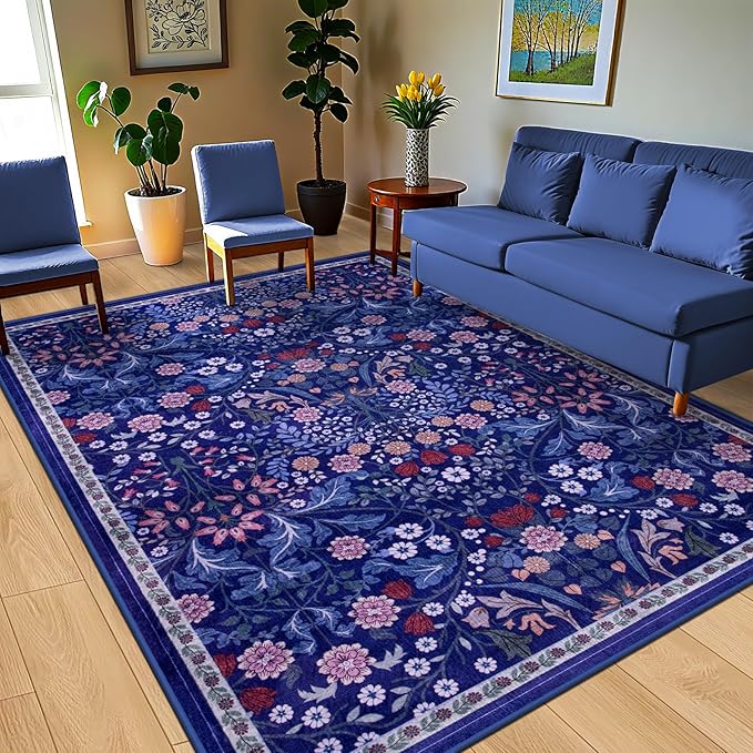 PLHXFR 8x10 Area Rug Living Room: Floral Washable Boho Soft Carpet Blue | For Bedroom Dining Room Farmhouse Nursery Hallway,Vintage Floral,Machine washable,Non Slip,Stain Resistant,Large Indoor