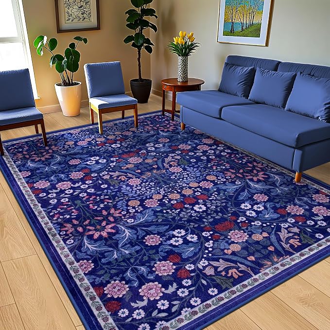 PLHXFR Area Rug 9x12 Living Room: Floral Washable Boho Soft Carpet Blue | For Bedroom Dining Room Farmhouse Nursery Hallway,Vintage Floral,Machine washable,Non Slip,Stain Resistant,Large Indoor