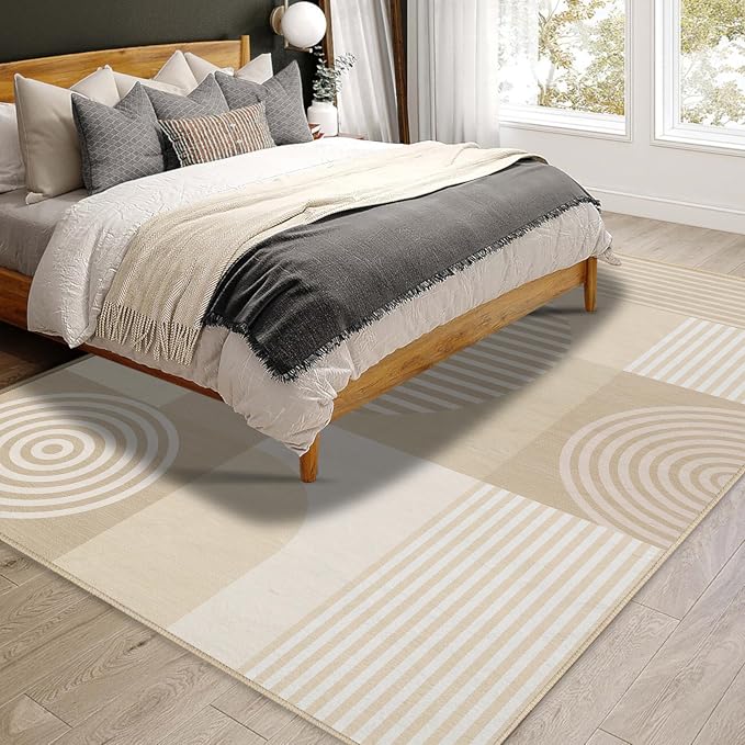 Beige Geometric Area Rug 4x6 for Living Room White Rug Machine Washable Minimalist Mid Century Modern Rugs Non Slip Low Pile Indoor Floor Carpet for Bedroom Dining Room Laundry Office,Beige